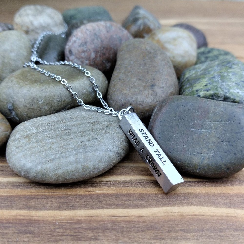 Stand Tall/Wear A Crown Bar Charm and Silver Tone Chain Necklace